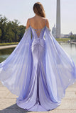 Sparkly Lilac Cold Shoulder Mermaid Corset Long Prom Dress with Detachable Cape