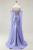 Sparkly Lilac Cold Shoulder Mermaid Corset Long Prom Dress with Detachable Cape