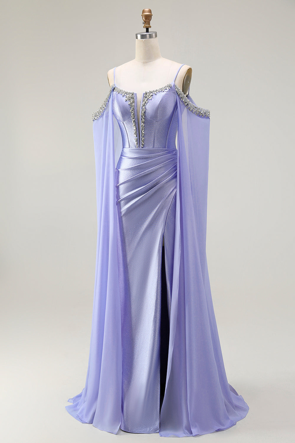 Sparkly Lilac Cold Shoulder Mermaid Corset Long Prom Dress with Detachable Cape