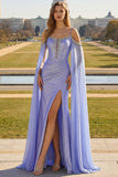 Sparkly Lilac Cold Shoulder Mermaid Corset Long Prom Dress with Detachable Cape