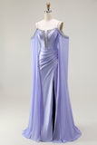 Sparkly Lilac Cold Shoulder Mermaid Corset Long Prom Dress with Detachable Cape