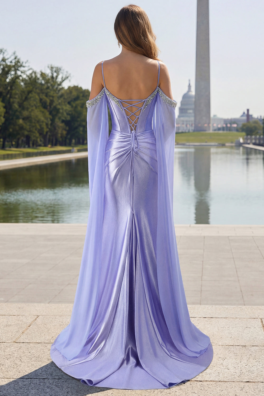 Sparkly Lilac Cold Shoulder Mermaid Corset Long Prom Dress with Detachable Cape