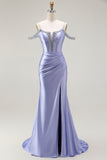 Sparkly Lilac Cold Shoulder Mermaid Corset Long Prom Dress with Detachable Cape