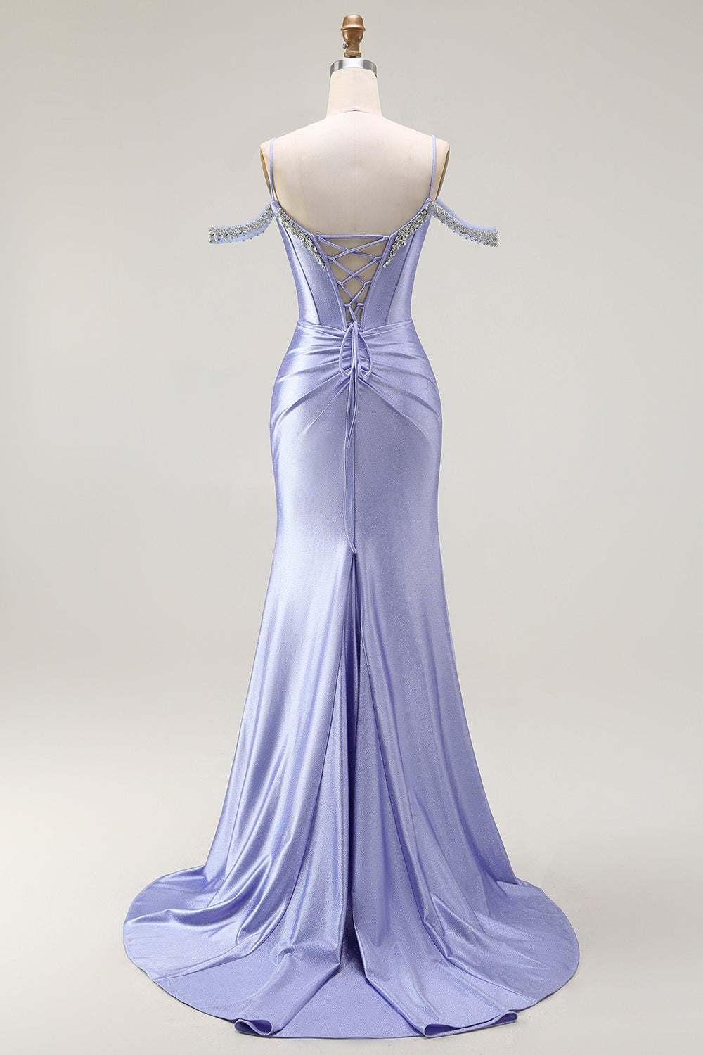Sparkly Lilac Cold Shoulder Mermaid Corset Long Prom Dress with Detachable Cape