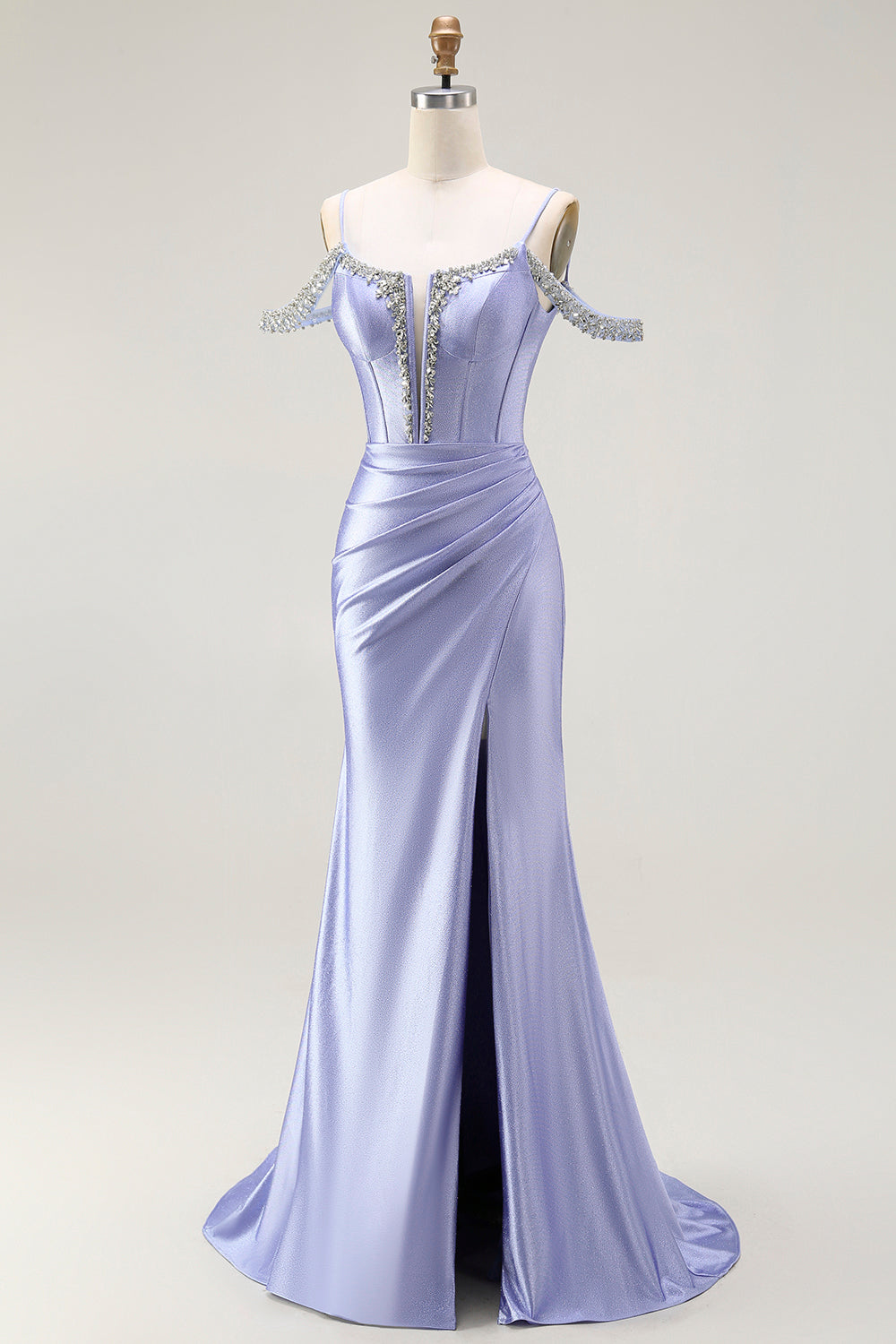 Sparkly Lilac Cold Shoulder Mermaid Corset Long Prom Dress with Detachable Cape