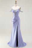 Sparkly Lilac Cold Shoulder Mermaid Corset Long Prom Dress with Detachable Cape