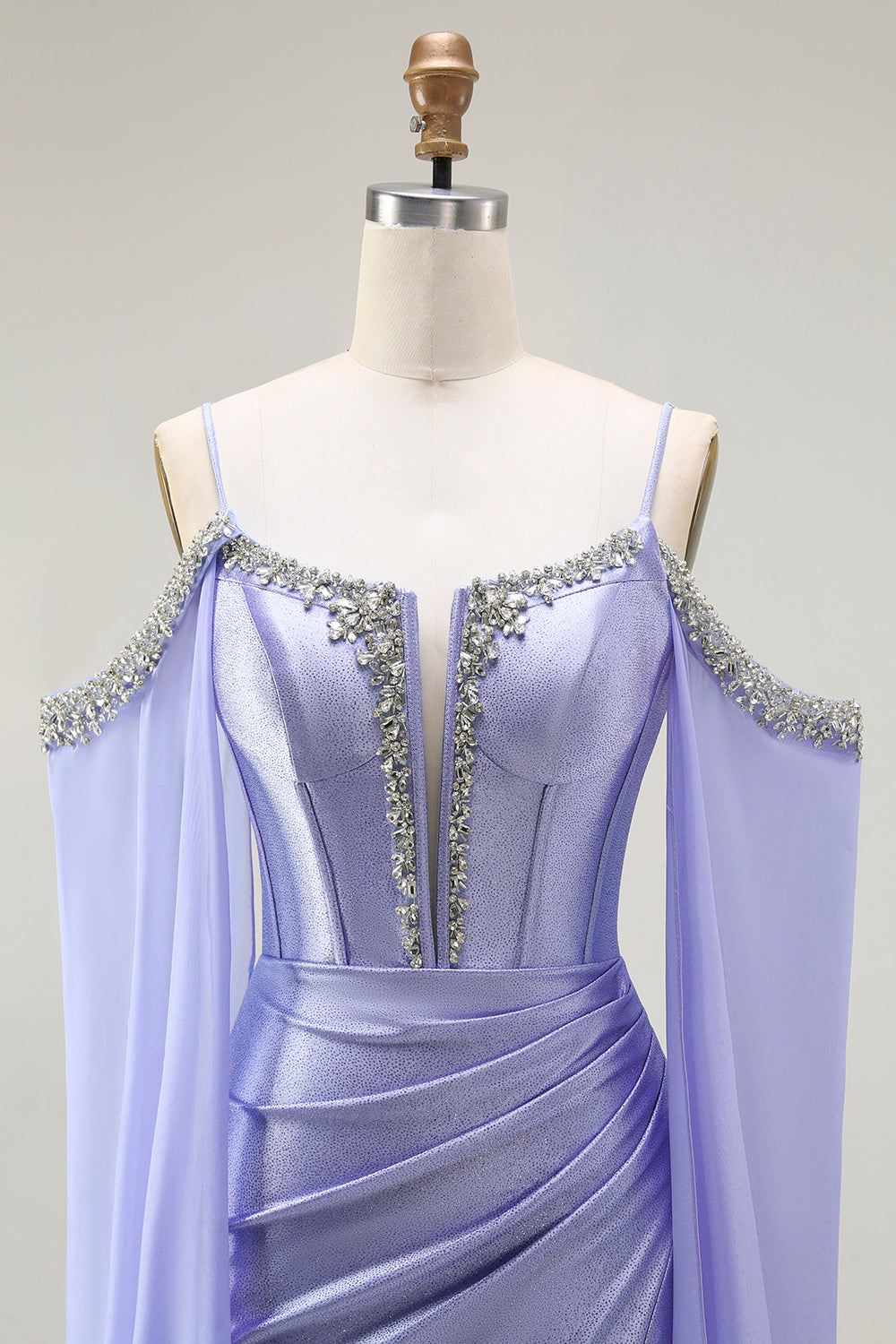 Sparkly Lilac Cold Shoulder Mermaid Corset Long Prom Dress with Detachable Cape