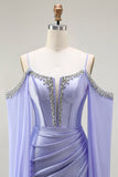 Sparkly Lilac Cold Shoulder Mermaid Corset Long Prom Dress with Detachable Cape