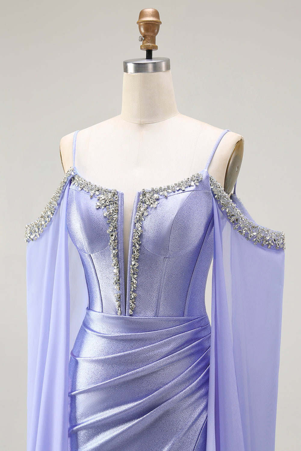 Sparkly Lilac Cold Shoulder Mermaid Corset Long Prom Dress with Detachable Cape