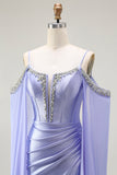 Sparkly Lilac Cold Shoulder Mermaid Corset Long Prom Dress with Detachable Cape