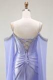 Sparkly Lilac Cold Shoulder Mermaid Corset Long Prom Dress with Detachable Cape