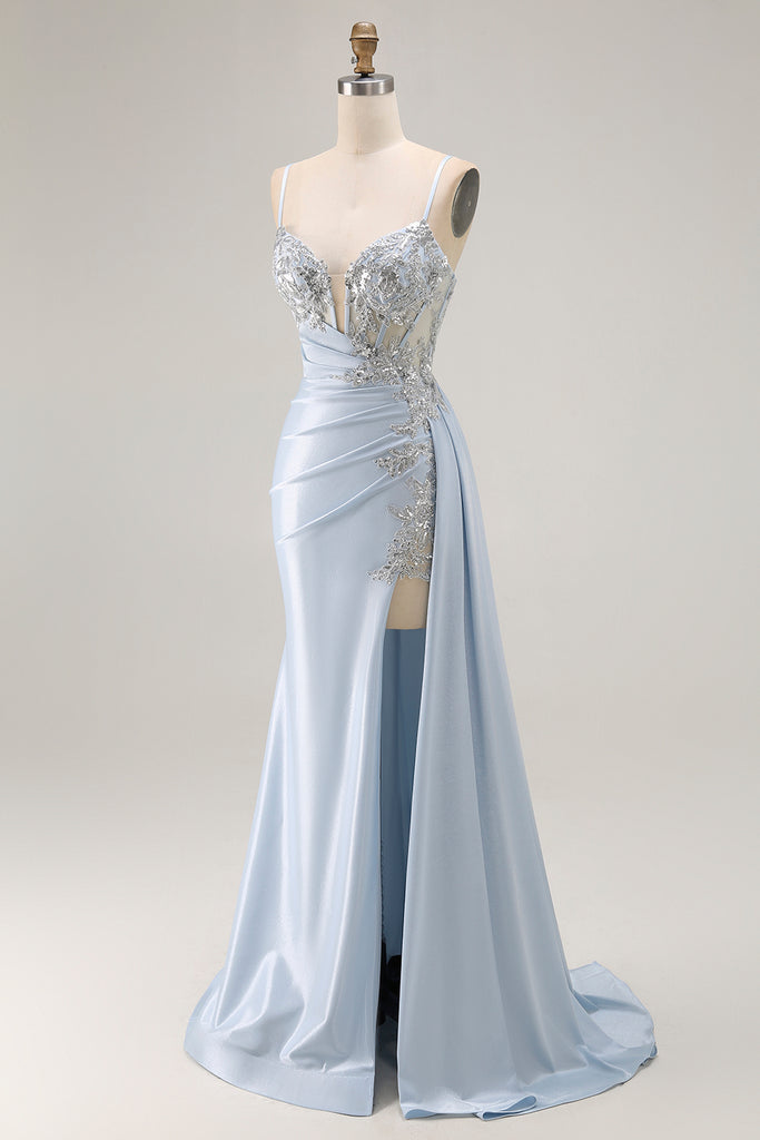 Zapakasa Women Sparkly Light Blue Corset Ruched Long Prom Dress with