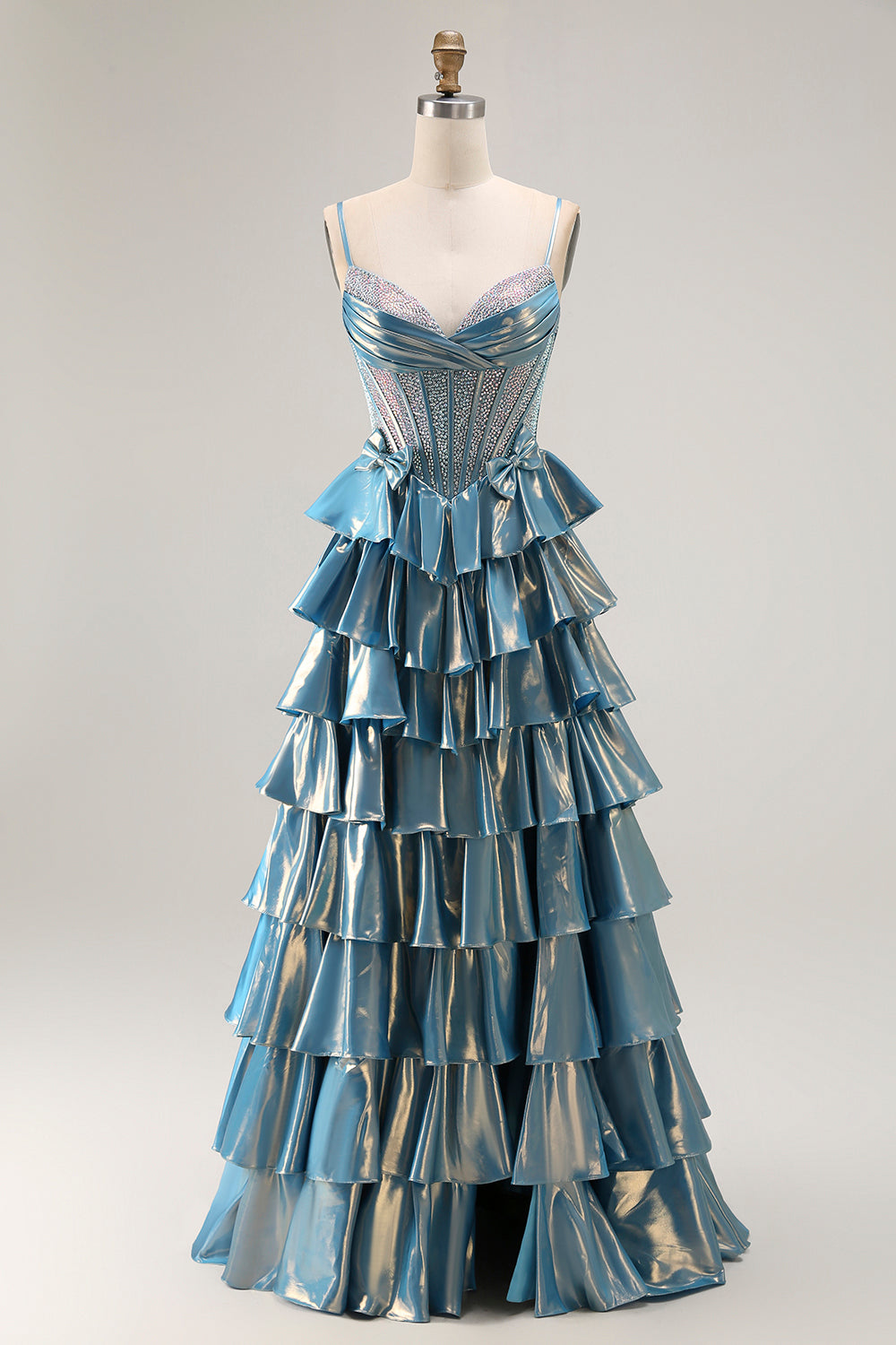 Sparkly Blue Ruffled Metallic Corset Beaded Long Prom Dress with Bow