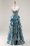 Sparkly Blue Ruffled Metallic Corset Beaded Long Prom Dress with Bow