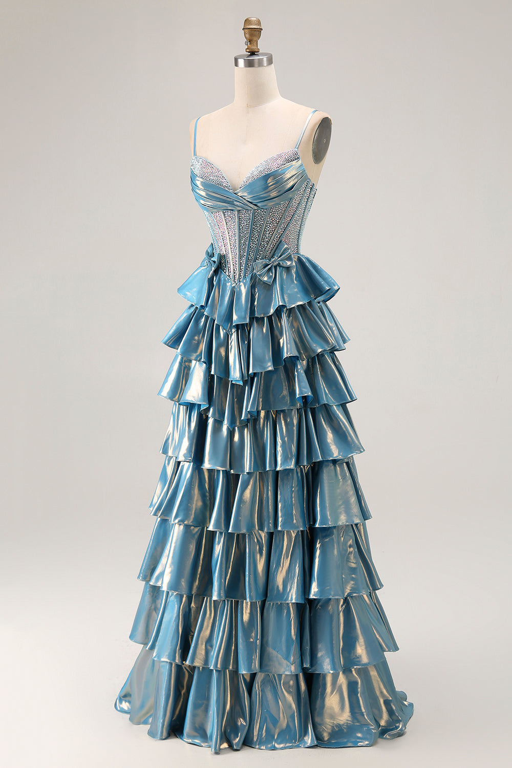 Sparkly Blue Ruffled Metallic Corset Beaded Long Prom Dress with Bow