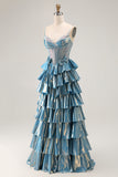 Sparkly Blue Ruffled Metallic Corset Beaded Long Prom Dress with Bow