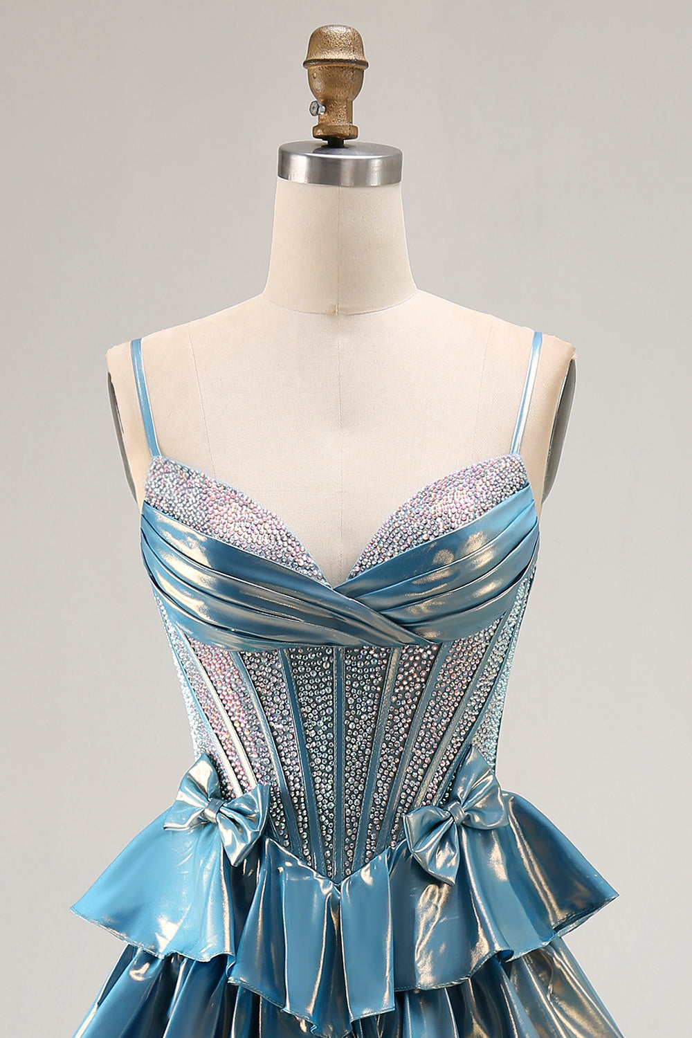 Sparkly Blue Ruffled Metallic Corset Beaded Long Prom Dress with Bow