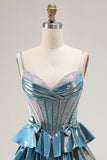Sparkly Blue Ruffled Metallic Corset Beaded Long Prom Dress with Bow
