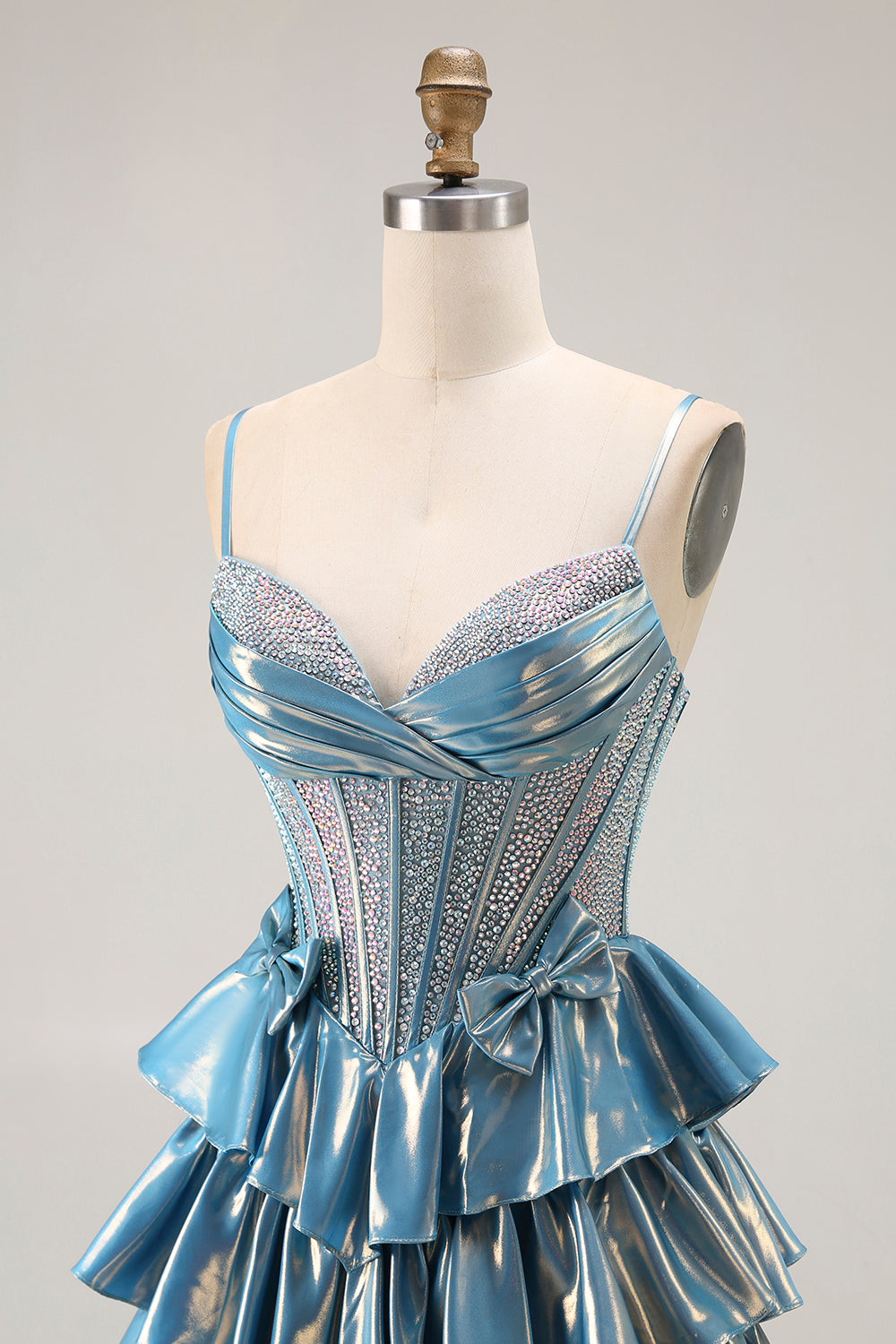 Sparkly Blue Ruffled Metallic Corset Beaded Long Prom Dress with Bow