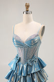 Sparkly Blue Ruffled Metallic Corset Beaded Long Prom Dress with Bow