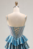 Sparkly Blue Ruffled Metallic Corset Beaded Long Prom Dress with Bow