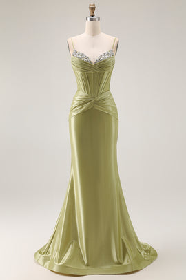 Sparkly Green Mermaid Corset Spaghetti Straps Long Prom Dress