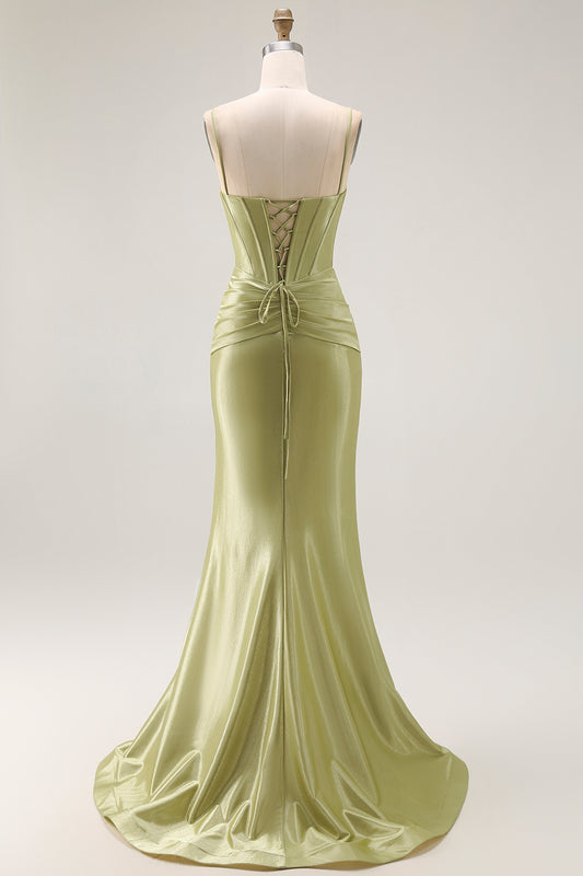 Sparkly Green Mermaid Corset Spaghetti Straps Long Prom Dress