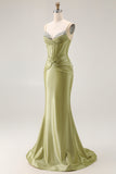 Sparkly Green Mermaid Corset Spaghetti Straps Long Prom Dress