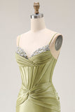 Sparkly Green Mermaid Corset Spaghetti Straps Long Prom Dress