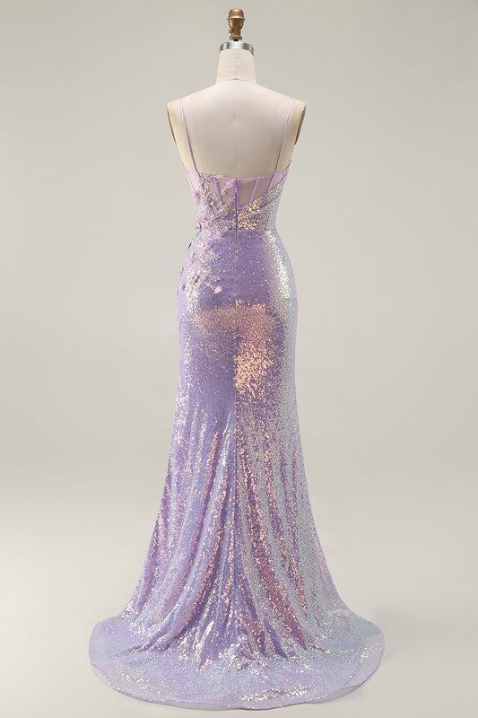 Sparkly Lilac Mermaid Corset Long Prom Dress with Slit