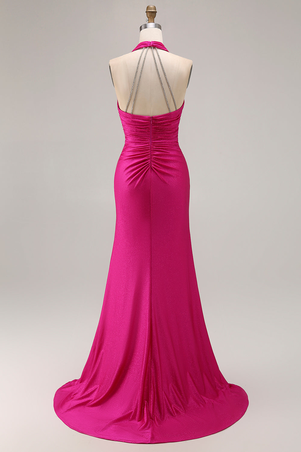 Fuchsia Glitter Halter Mermaid Ruched Long Prom Dress with Slit