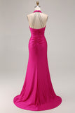Fuchsia Glitter Halter Mermaid Ruched Long Prom Dress with Slit