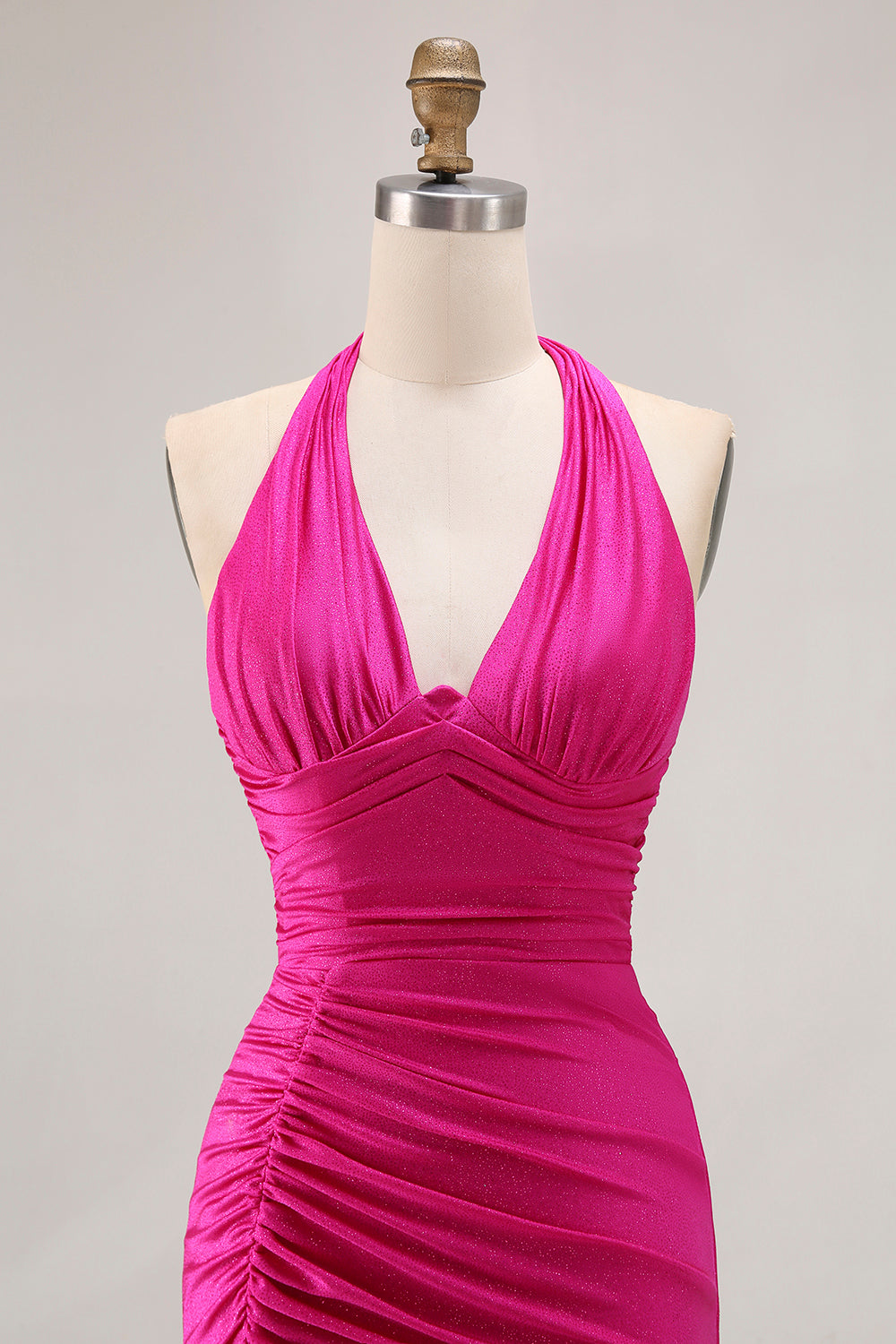 Fuchsia Glitter Halter Mermaid Ruched Long Prom Dress with Slit