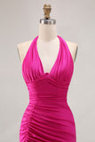 Fuchsia Glitter Halter Mermaid Ruched Long Prom Dress with Slit
