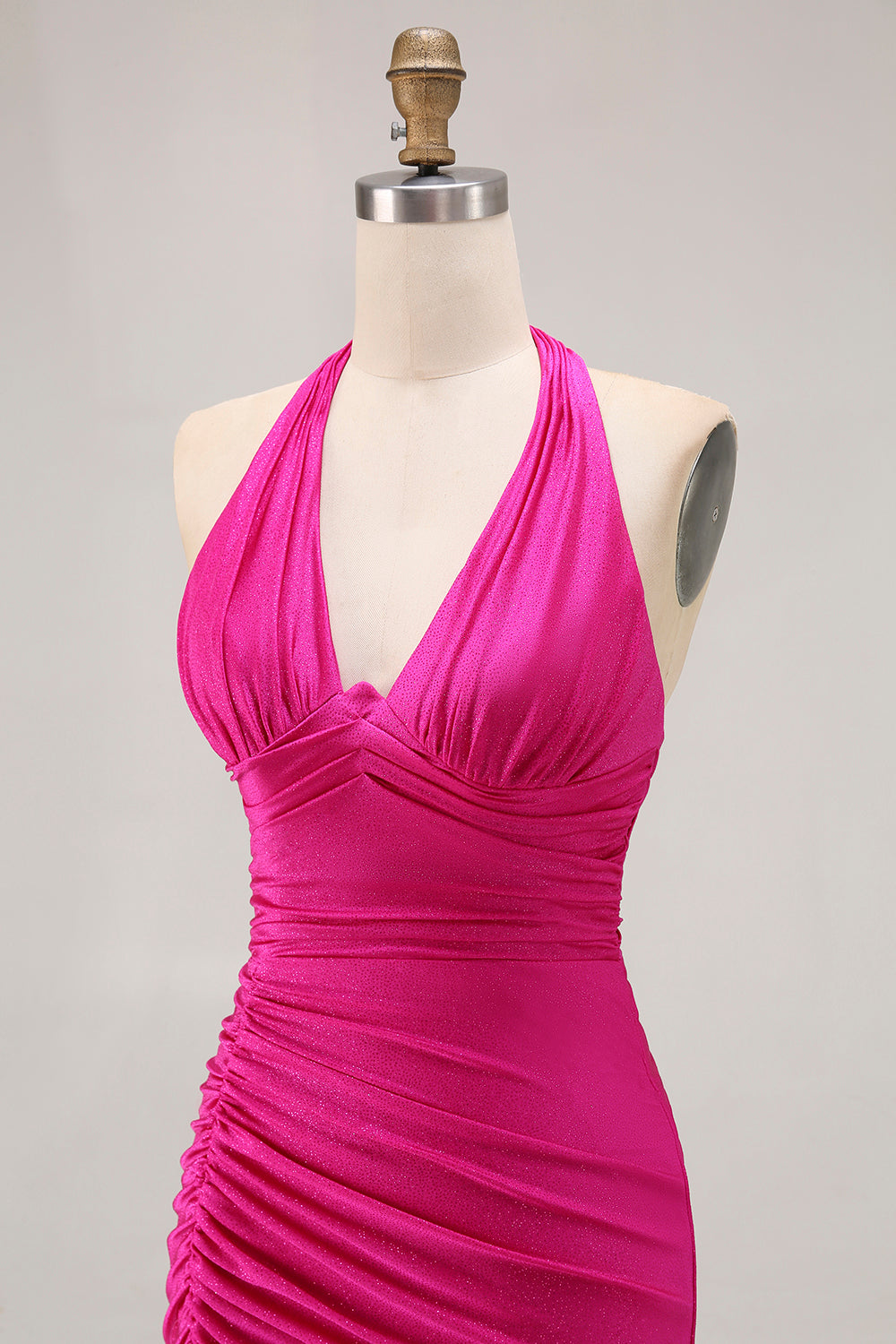 Fuchsia Glitter Halter Mermaid Ruched Long Prom Dress with Slit
