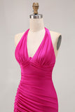 Fuchsia Glitter Halter Mermaid Ruched Long Prom Dress with Slit