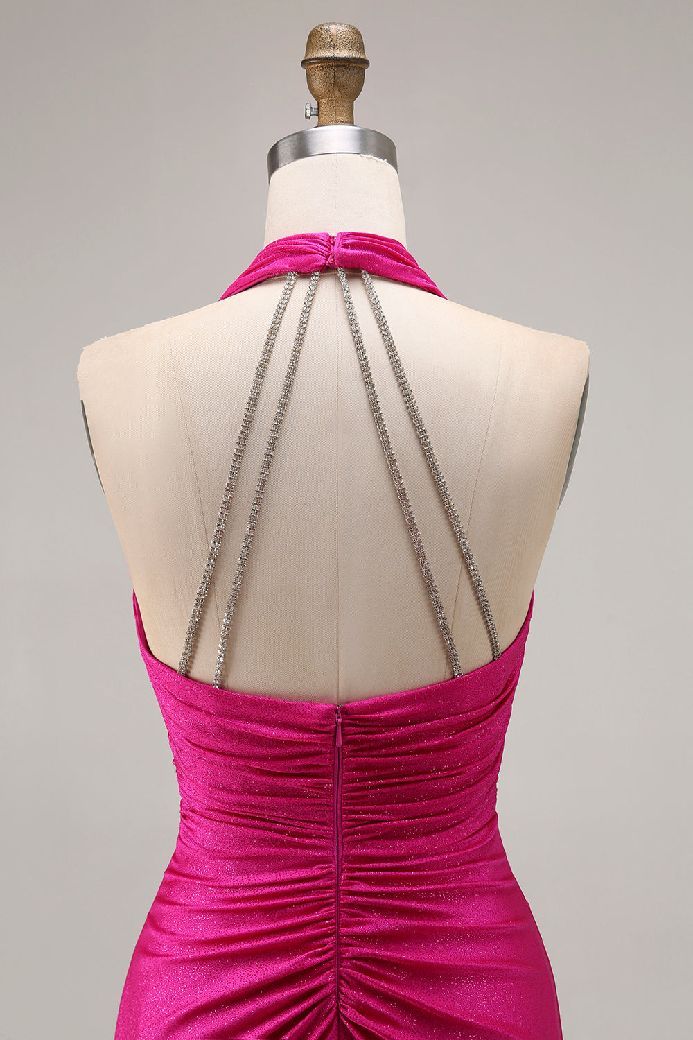Fuchsia Glitter Halter Mermaid Ruched Long Prom Dress with Slit