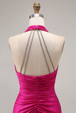 Fuchsia Glitter Halter Mermaid Ruched Long Prom Dress with Slit