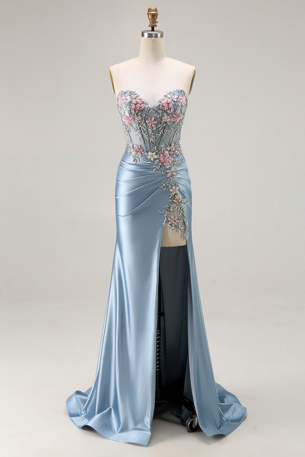 Floral Grey Blue Satin Mermaid Ruched Long Corset Prom Dress with Slit