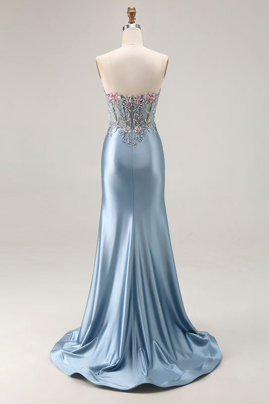 Floral Grey Blue Satin Mermaid Ruched Long Corset Prom Dress with Slit