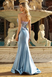 Floral Grey Blue Satin Mermaid Ruched Long Corset Prom Dress with Slit