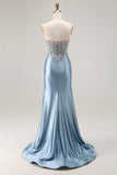 Floral Grey Blue Satin Mermaid Ruched Long Corset Prom Dress with Slit