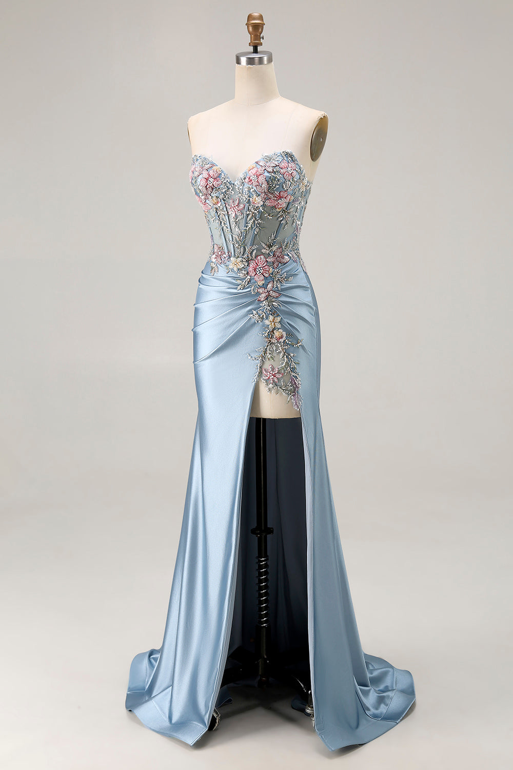 Floral Grey Blue Satin Mermaid Ruched Long Corset Prom Dress with Slit