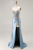 Floral Grey Blue Satin Mermaid Ruched Long Corset Prom Dress with Slit