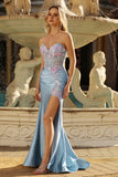 Floral Grey Blue Satin Mermaid Long Corset Prom Dress with Slit