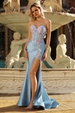 Floral Grey Blue Satin Mermaid Long Corset Prom Dress with Slit
