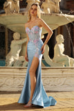 Floral Grey Blue Satin Mermaid Long Corset Prom Dress with Slit