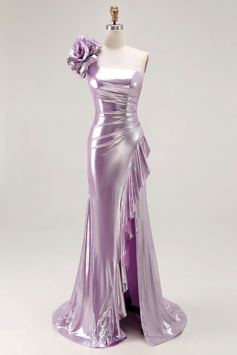 Sparkly Light Purple Metallic Mermaid Ruffled Long Prom Dress with 3D Flower