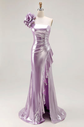 Sparkly Light Purple Metallic Mermaid Ruffled Long Prom Dress with 3D Flower