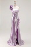 Sparkly Light Purple Metallic Mermaid Ruffled Long Prom Dress with 3D Flower